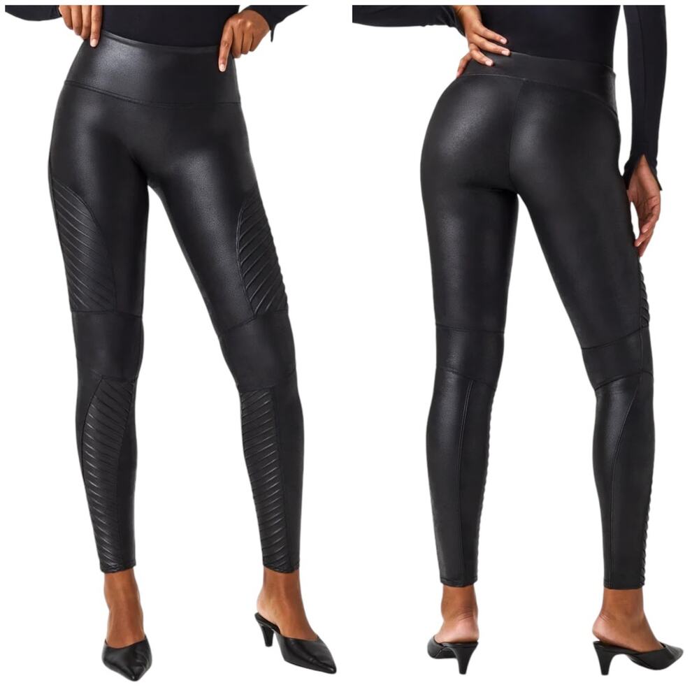Spanx NWT Faux Leather Moto Leggings Black Size XS Shaping Slimming Mid Rise